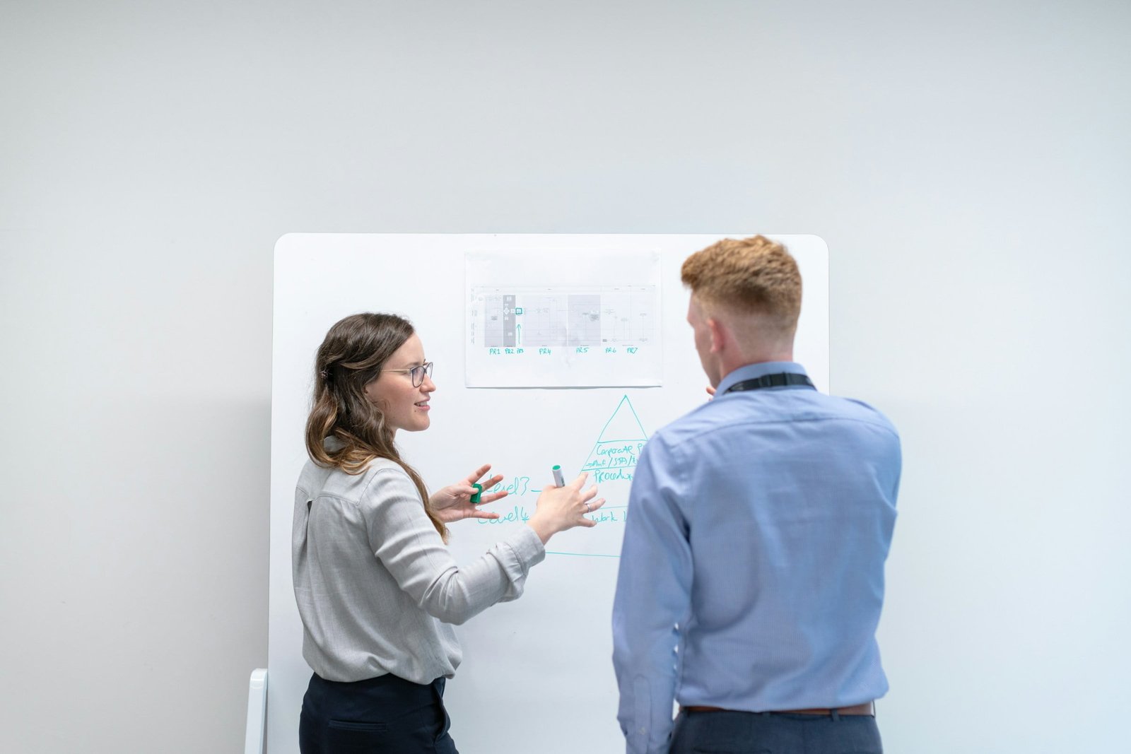 Pharm bio consulting a man and woman standing in front of a whiteboard